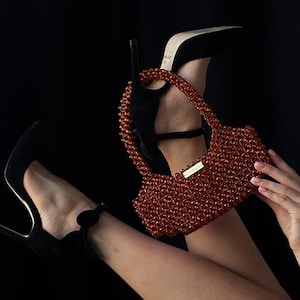 Beaded brown crossbody bag, luxury bead bag, Women Bead bag, Bead shoulder Bag, evening clutch, Crystal Bead Bag, top handle bead purse