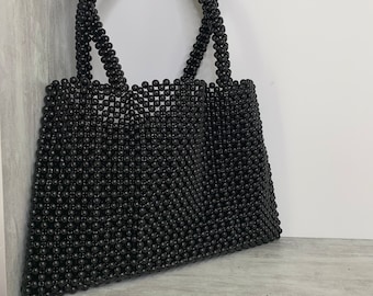 ブラックビーズショルダーバッグ：ハンドメイドパールイブニングバッグ