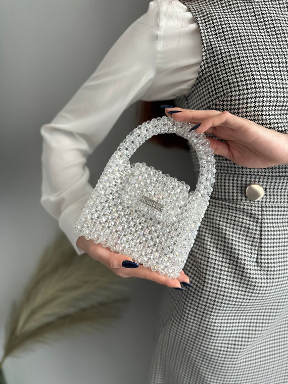 Luxury Big Pearl Bucket Bag Women Chic Handmade Clear Beading