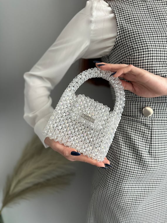 Luxury Big Pearl Bucket Bag Women Chic Handmade Clear Beading