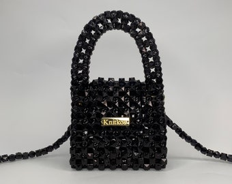 Crystal Bead Shoulder Bag: Handmade Black Acrylic Purse