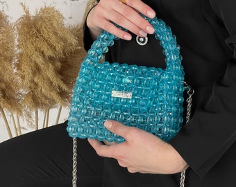 Crystal bag, bead bag for woman, Aesthetic tote bag, Blue evening bag, KNITKOS tote bag, Best friend gift box, Luxury handbag, Luxury gift