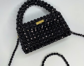 Acrylic black beaded bag, black shoulders bag, Women Bead bag, KNITKOS, Beaded bag, Crossbody black Bead Bag, luxury handbag, Women purse