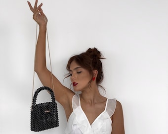Pearl Black Beaded Bag: Vintage Style Crossbody Bag