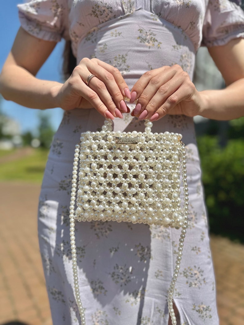 Wedding KNITKOS designer bag Bride Ivory purse Fiance gift beaded bridal custom personalized acrylic clutch beaded purse birthday gift image 2