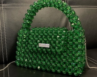 クリスタルグリーンビーズショルダーバッグ - ハンドメイドKNITKOS