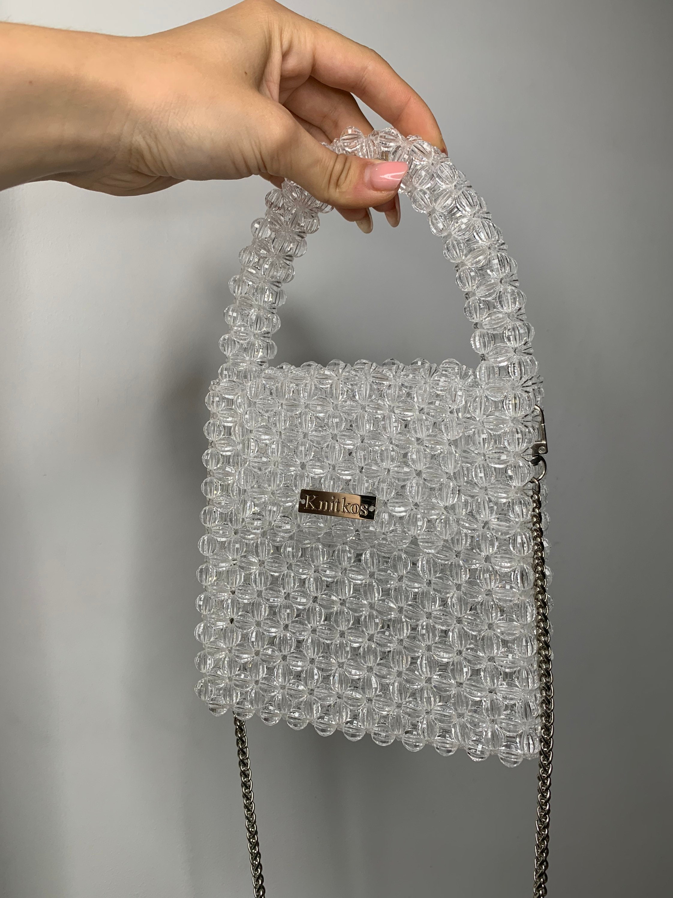 ◆typeservice◆ Beaded Handmade Knitted Bag Silver OSTA15SIF Crystal Red Bead Bag, Bead Shoulder Bag, Women Bead Bag