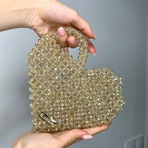 Bolso con cuentas de cristal y corazón dorado, bolso de hombro Knitkos, bolso con cuentas para mujer, bolso con cuentas, bolso con cuentas, bolso con cuentas de cristal, bolso de hombro, bolso de mano para mujer