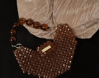 Handmade Beaded Brown Crossbody Bag: Crystal Evening Clutch