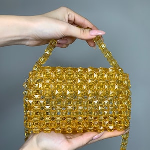 Crystal yellow bead bag, Bead shoulder bag, Women Bead bag, Bead Bag, yellow Bead bag, Yellow Crystal Bead Bag,yellow shoulders bag, Women h