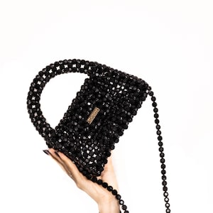 Black Crystal Beaded Shoulder Bag - Handmade KNITKOS Design