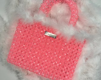 FLUFFY pink beaded bag, Beaded shoulder bag, Women Bead bag, top handle Bag, pink Bead bag, Pink shoulder bag, luxury bag, evening clutch