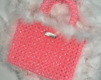 Fluffy Pink Beaded Top Handle Bag: Women's Evening Clutch