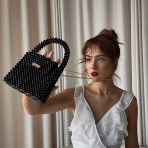 Black Beaded Bag: Handmade Crystal Clutch Purse