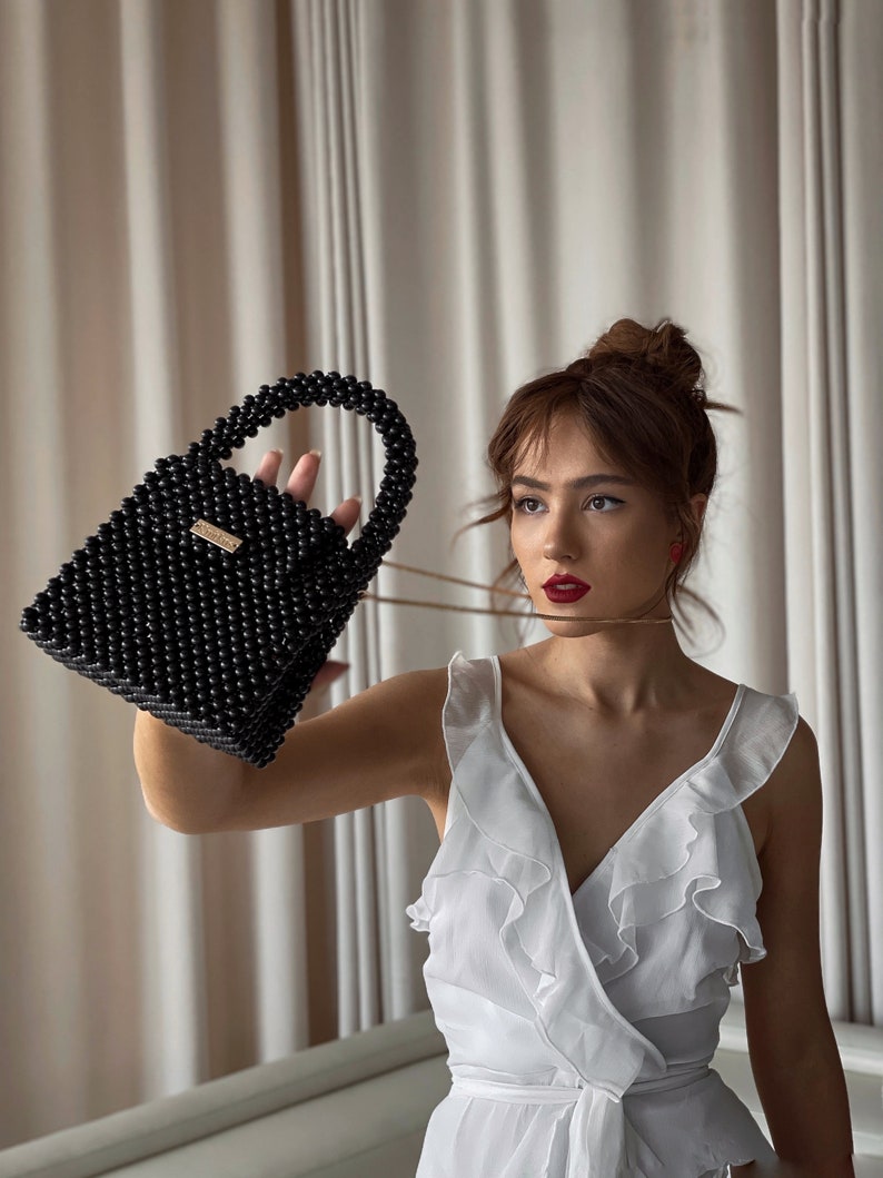 Pearl black personalized bag,Knitkos day gift Custom tote bag, Ita bag,Black vintage purse, girlfriend gift,Woman crossbody bag image 6