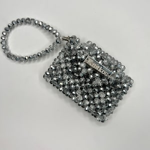Carteira feminina pequena com contas metálicas e cristal, carteira mini bolsa fofa, bolsa minimalista com contas, porta-moedas com contas, carteira bolsa Knitkos