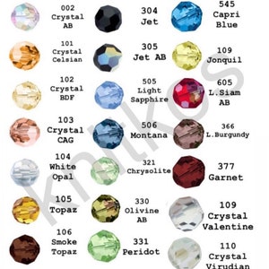 May include: A chart of Preciosa crystal beads with their corresponding numbers and names. The chart is organized in rows and columns, with each bead displayed in a circle. The beads are in various colors, including clear, white, blue, green, red, and purple.