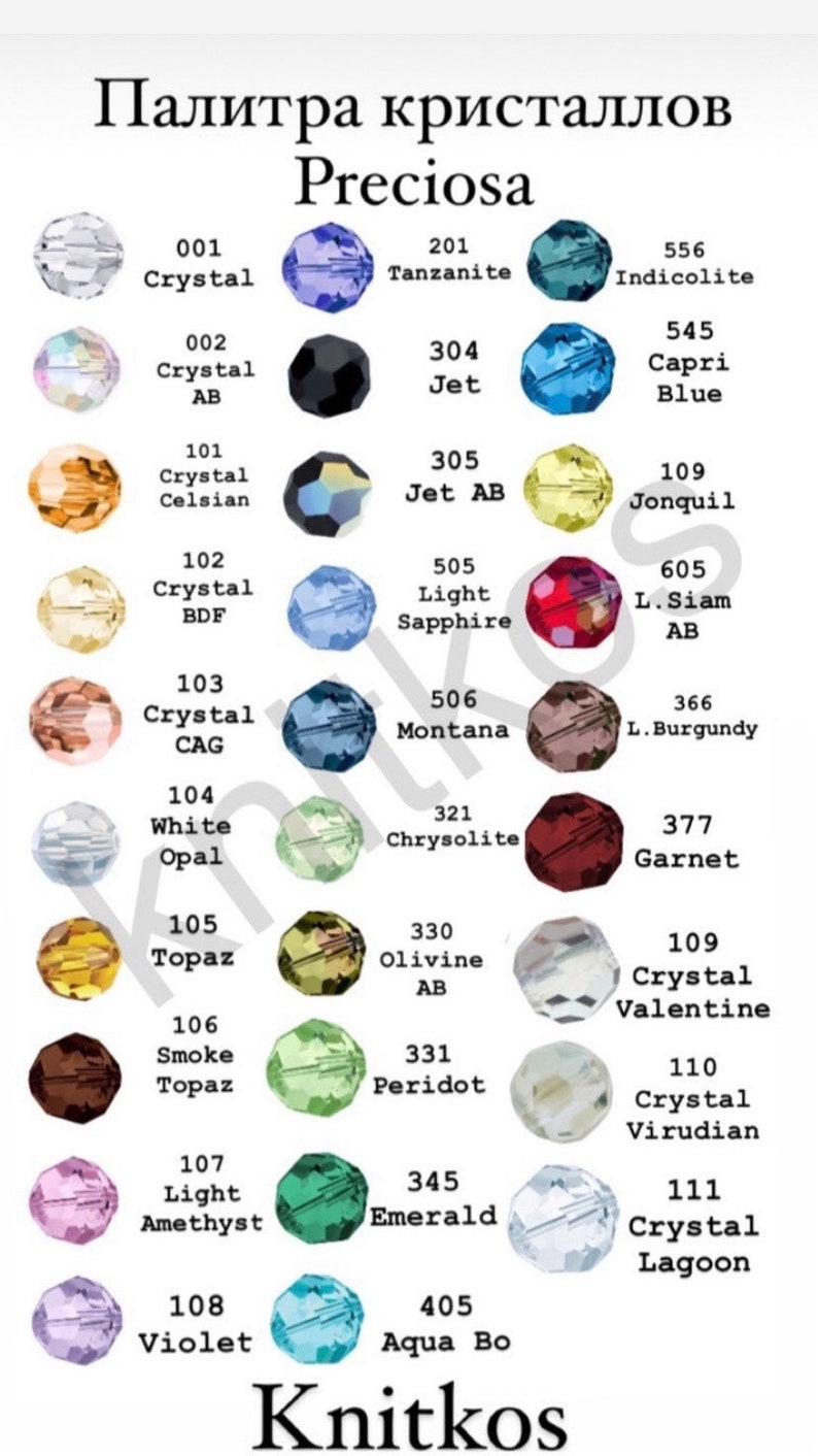 May include: A chart of Preciosa crystal beads with their corresponding numbers and names. The chart is organized in rows and columns, with each bead displayed in a circle. The beads are in various colors, including clear, white, blue, green, red, and purple.