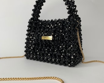Knitkos Black Beaded Bag: Handmade Evening Tote