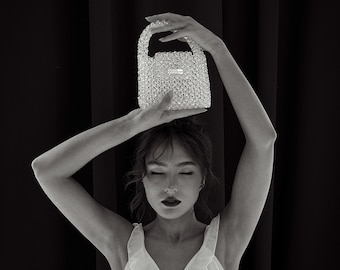 Cystal white Knitkos handbag, Luxury shoulder bag, evening mini purse, White beaded  bag, Aesthetic crossbody bag, woman  bead clutch, bead