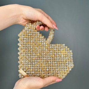 Bolso de corazón de cristal dorado, bolso de hombro con cuentas, bolso de noche con cuentas, bolso de cosméticos con cuentas, regalo de San Valentín, bolso de cuentas hecho a mano, bolso dorado