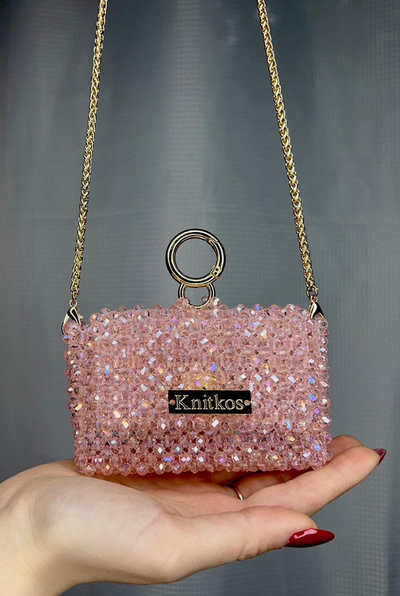 Crystal pink bag, Bead LUXURY bag, Pink mini purse , beaded clutch , crossbody bag, Crystal Bead Bag,pink shoulders bag, Women handbags bag image 2