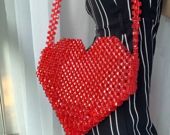 Aethetic KNITKOS tote heart bag, Red woman luxury handbag, Heart personalized birthday gift for her, Custom beaded bag