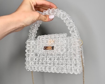 Clear beaded bag,  Knitkos crossbody bead bag, transparent bag , bead purse, evening clutch, bead handbag, acrylic bag, gift ,shoulders bag