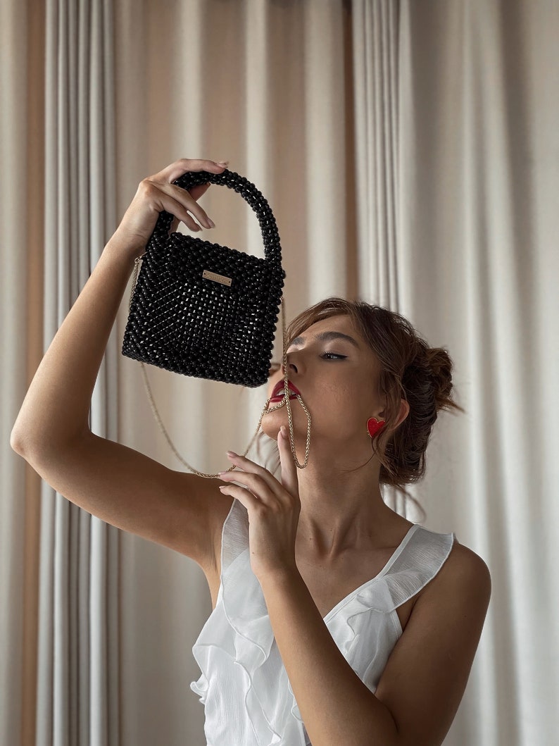 Pearl black personalized bag,Knitkos day gift Custom tote bag, Ita bag,Black vintage purse, girlfriend gift,Woman crossbody bag image 9