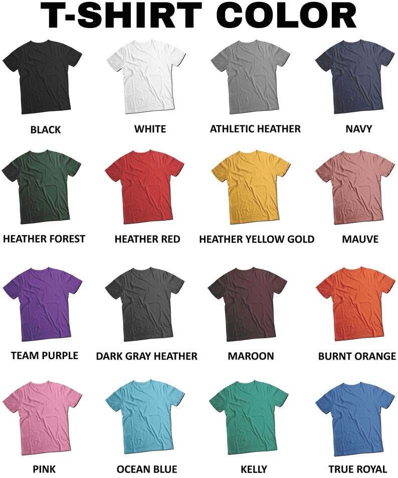 K&ouml;nnte beinhalten: Eine Auswahl an T-Shirt-Farben, darunter Schwarz, Wei&szlig;, Athletik-Heather, Marineblau, Heather Forest, Heather Red, Heather Yellow Gold, Mauve, Team Purple, Dark Grey Heather, Maroon, Burnt Orange, Pink, Ocean Blue, Kelly und True Royal.