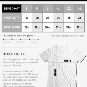 K&ouml;nnte beinhalten: Gr&ouml;&szlig;entabelle f&uuml;r ein Unisex-Premium-T-Shirt mit Ma&szlig;en in Zoll f&uuml;r Brustweite und Shirtl&auml;nge. Die Tabelle zeigt Gr&ouml;&szlig;en von S bis 3XL. Das T-Shirt wird als stylisch und figurbetont beschrieben, hergestellt aus 100 % supergek&auml;mmter Ringspinn-Baumwolle und in melierten Farben aus 52 % Baumwolle und 48 % Polyester erh&auml;ltlich.
