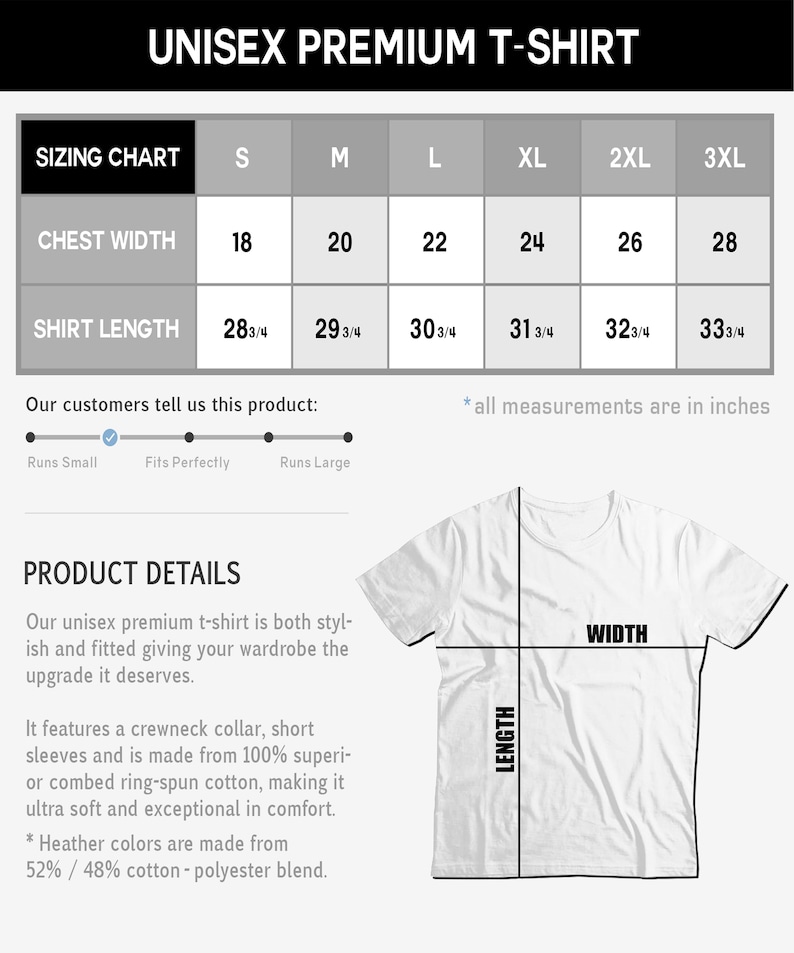 K&ouml;nnte beinhalten: Gr&ouml;&szlig;entabelle f&uuml;r ein Unisex-Premium-T-Shirt mit Ma&szlig;en in Zoll f&uuml;r Brustweite und Shirtl&auml;nge. Die Tabelle zeigt Gr&ouml;&szlig;en von S bis 3XL. Das T-Shirt wird als stylisch und figurbetont beschrieben, hergestellt aus 100 % supergek&auml;mmter Ringspinn-Baumwolle und in melierten Farben aus 52 % Baumwolle und 48 % Polyester erh&auml;ltlich.