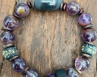 Raku and Agate bracelet, stretch bracelet.