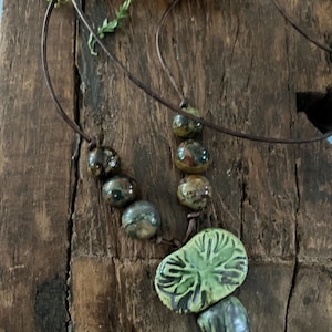 Raku ceramic necklace, boho jewelry. Rustic artisan necklace.