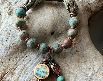 Raku ceramic and turquoise bracelet, rustic and organic stretch bracelet.