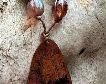 Czech glass and copper necklace, beautiful Czech glass beads hand strung on leather.