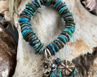 Raku ceramic and turquoise bracelet, rustic and organic stretch bracelet.