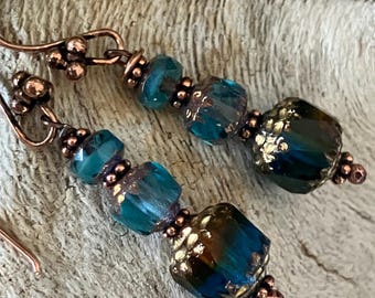 Blue and bronze Czech glass and copper earrings.