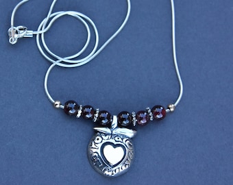 You are The APPLE of My EYE sterling silver 18" snake chain Necklace Pendant garnet bead balls gold color heart