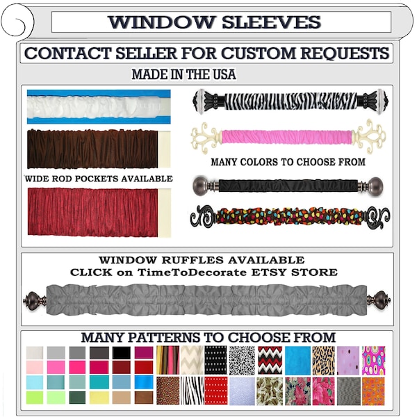 New CUSTOM window rod SLEEVES sleeve valance topper many colors patterns to CHOOSE from cord chain cover solid wide rod dauphine