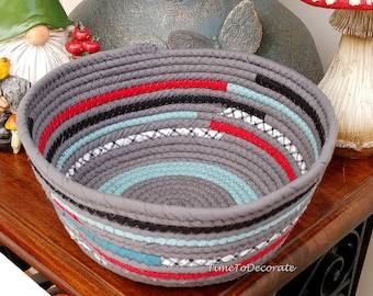 New hand coiled fabric rope bowl coil basket GRAY red BLACK blue aqua home decor storage entry way READY to ship