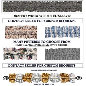 New Drapery fabric CUSTOM window rod RUFFLE valance topper many colors patterns sleeve to CHOOSE from Made to order Fast turn around