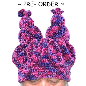 Chowder Crochet HAT beanie BURGUNDY Adult Size slouchy velvet stuffed ears Handmade