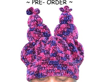 Chowder Crochet HAT beanie BURGUNDY Adult Size slouchy velvet stuffed ears Handmade