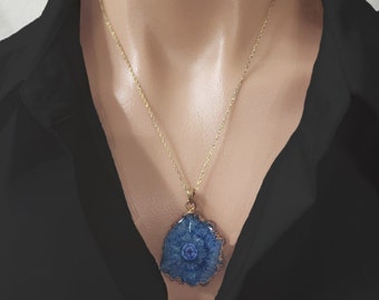 Vintage Sterling Silver STAUER Gold Plated Chain Blue DRUZY quartz crystal stone Pendant Necklace 18" natural cluster geode slice