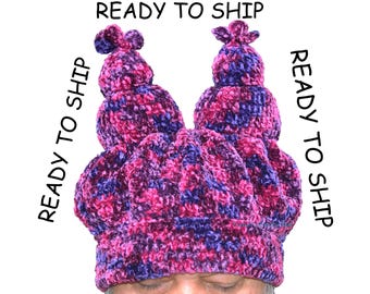 Chowder Crochet size LARGE 23" HAT beanie BURGUNDY Adult Size slouchy velvet stuffed ears Handmade