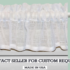 May include: White sheer ruffled valance with a white rod, made in the USA. Contact seller for custom requests.