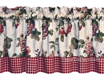 New FLORAL grapes Fruit cherry Apples Beige DRAPERY valance topper barn red CHECK lined with drapery lining made to order