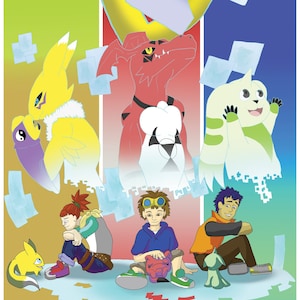 Peut inclure: Une illustration colorée représentant quatre personnages de dessin animé et leurs compagnons numériques. Les personnages sont assis sur un sol carrelé avec leurs compagnons numériques debout derrière eux. Les compagnons numériques sont une créature jaune et violette, un dragon rouge, une créature blanche et verte et un dinosaure bleu. Les personnages portent des vêtements décontractés et ont des coiffures différentes. L'arrière-plan est un dégradé coloré de vert, jaune, rouge et bleu.