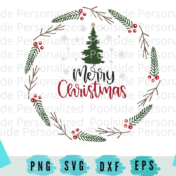 Merry Christmas Plate Accent Decor Tree Wreath SVG PNG Dxf Eps Cut Files Instant Download Cricut Cutting Machines Christmas Red Green Holly